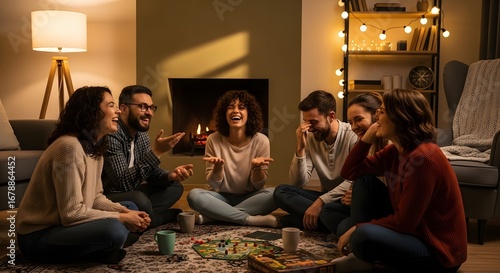 A diverse group of friends enjoys a fun board game night in a cozy, warmly lit living room.