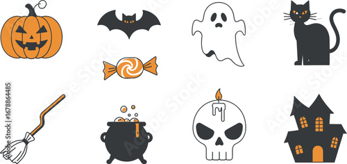 Halloween icons featuring pumpkin, bat, candy, ghost, cat, broom, cauldron, skull, and house for holiday celebration
