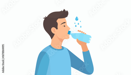 A man in a blue shirt is drinking water from a plastic bottle, with water droplets visible above, on a white background.