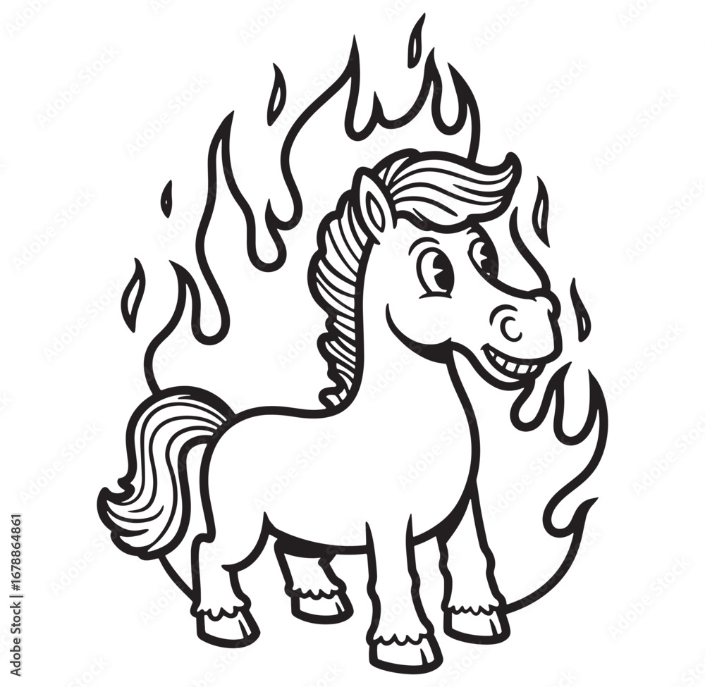 Obraz premium Cartoon illustration of a smiling horse surrounded by flames in black and white