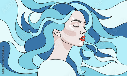 Artistic Retro Futuristic Portrait of a Woman with Blue Wavy Hair Banner Background