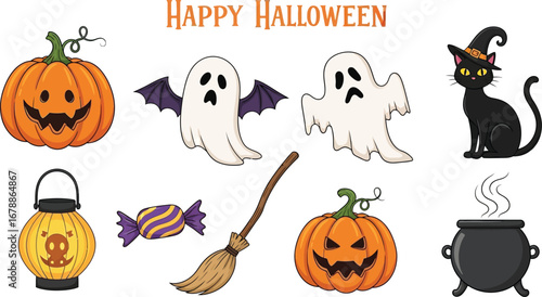 Halloween set with pumpkin, ghost, cat, cauldron, candy, broom and lantern for holiday celebration