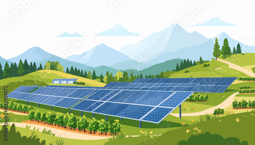 A large solar panel farm nestled in a vibrant green mountainous landscape under a partly cloudy sky, illustrating renewable energy.