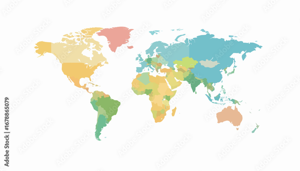 Obraz premium A colorful, simplified world map with countries depicted in various pastel shades, illustrating global geography.