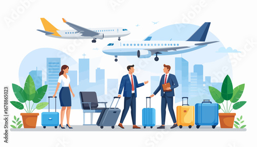 Business people with luggage and airplanes flying over a city skyline, representing corporate travel and global connections.
