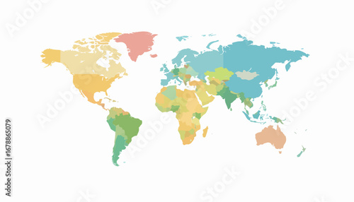 A colorful, simplified world map with countries depicted in various pastel shades, illustrating global geography.