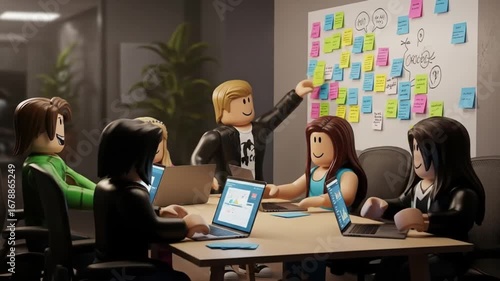 Group of animated characters collaborating in a modern office setting with notes