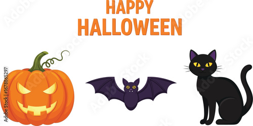 Halloween illustration with pumpkin, bat and black cat for holiday celebration and decoration