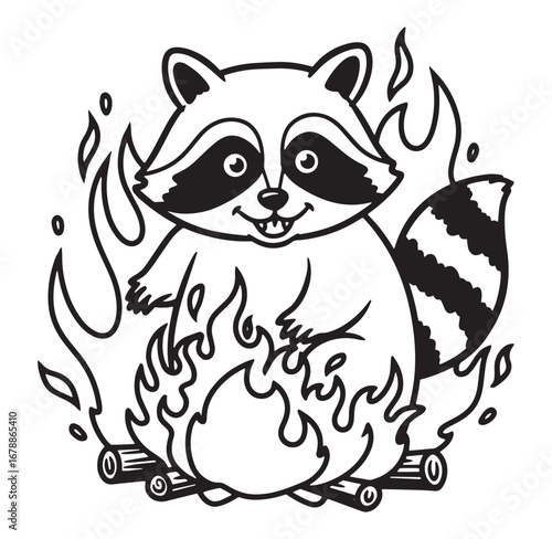 Cute cartoon raccoon cheerfully sitting around a campfire in a black and white illustration.
