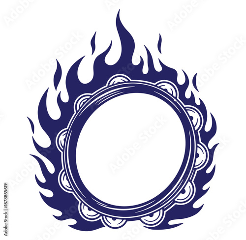 Decorative circular tambourine instrument framed by blue flames on a clean white background