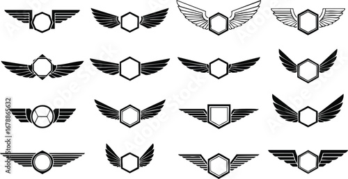 A collection of sixteen stylized winged emblems and badges, featuring geometric shapes and various wing designs in black and white.