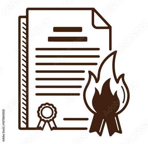 Document destruction concept depicting certificate paper burning in a fiery flame vector illustration
