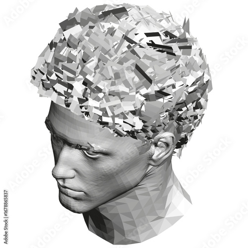 A male model with a striking mohawk hairstyle poses against a stark white background, highlighting his angular features and polygonal fashion aesthetic.