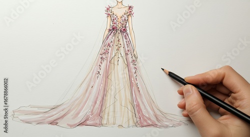 Elegant pastel pink floral gown fashion design sketch