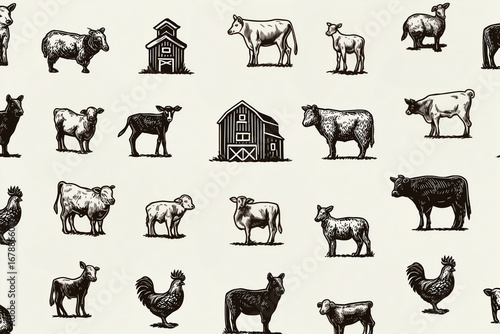 Seamless Farm Animal Pattern with Cows, Sheep, Roosters, and Barn Illustration.
