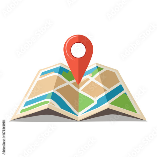Folded paper map with a red location pin on a white background, symbolizing navigation and travel
