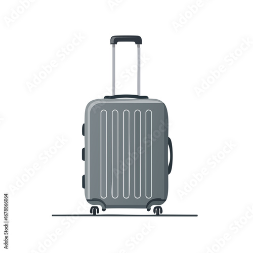Grey suitcase with wheels and retractable handle for travel, isolated on white background