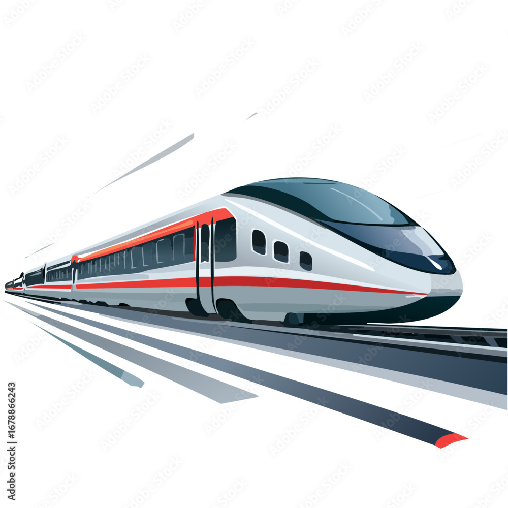Fototapeta premium Modern High-Speed Train on Tracks, Futuristic Public Transportation Concept Illustration
