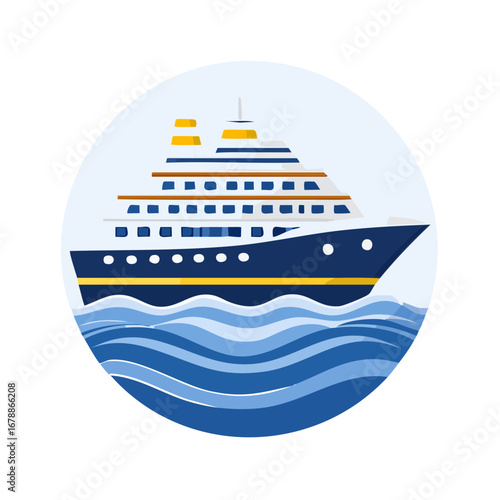 A majestic blue and white cruise ship sails across wavy blue ocean waters under a bright sky