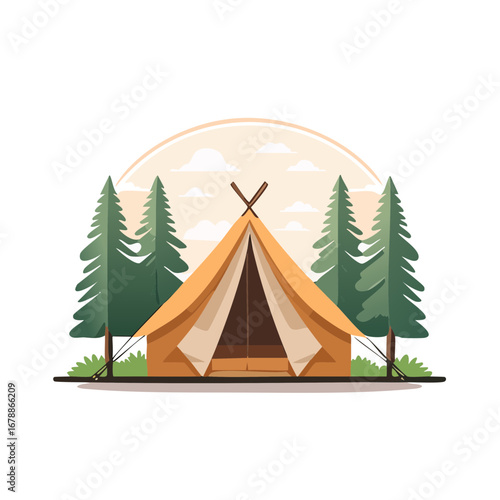 Vintage Glamping Tent Illustration with Pine Trees and Scenic Outdoor Landscape