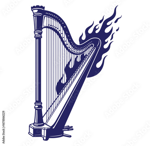 Elegant blue harp silhouette adorned with fiery flames against a clean white backdrop