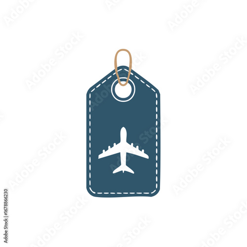 A stylized airplane icon on a dark blue tag with stitched edges, representing travel and aviation