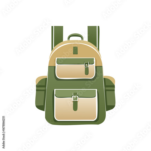 Stylish green and tan backpack with multiple pockets, perfect for hiking and travel adventures