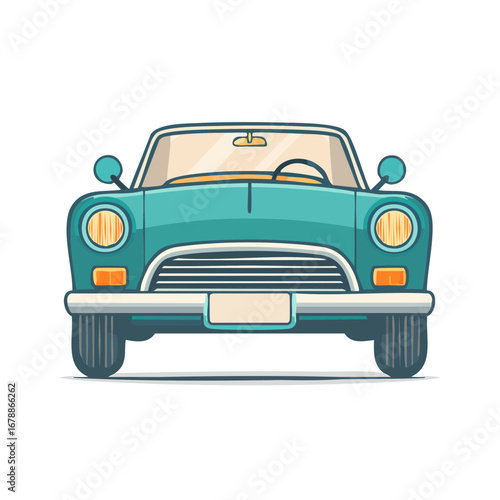 Vintage teal coupe automobile front view, classic retro car transportation on white background
