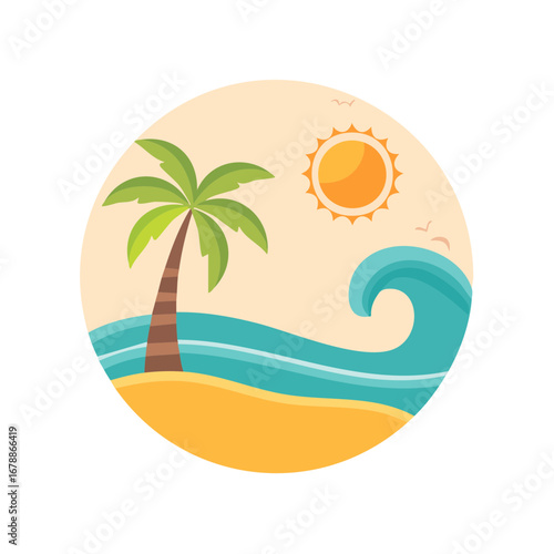 Summer beach vacation with palm tree, ocean wave, and sun in a circle graphic