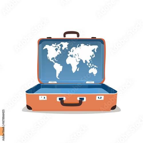 Open suitcase with world map inside, symbolizing travel and global exploration adventures