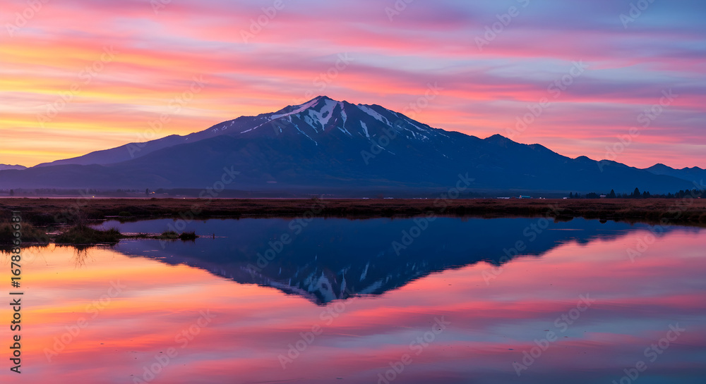 Fototapeta premium Mountain Peak Reflection at Colorful Sunrise Over Calm Lake