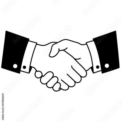 Two business people shaking hands in a white line drawing on a black background representing agreement and partnership