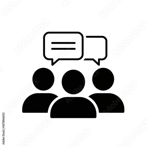 Abstract representation of communication and discussion with a speech bubble icon over silhouettes of people