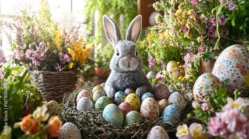 Wallpaper Mural Adorable Easter Bunny Surrounded by Colorful Eggs and Spring Flowers Torontodigital.ca
