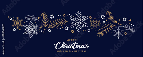 merry christmas greeting card with snowflake fir branches border vector illustration