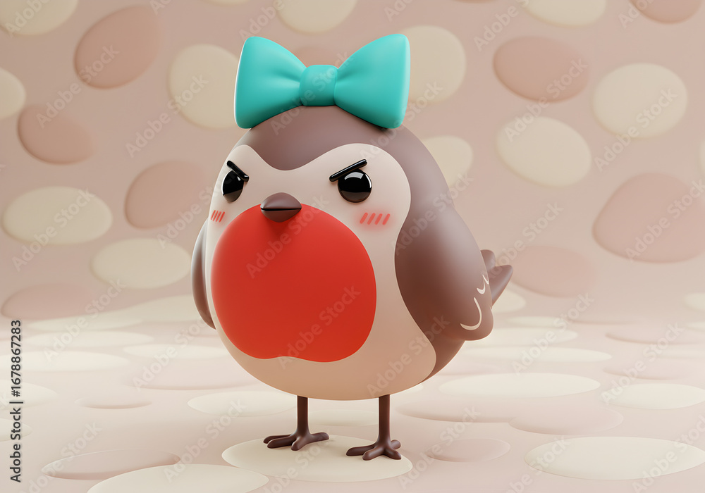 Obraz premium Cartoon robin with teal bow
