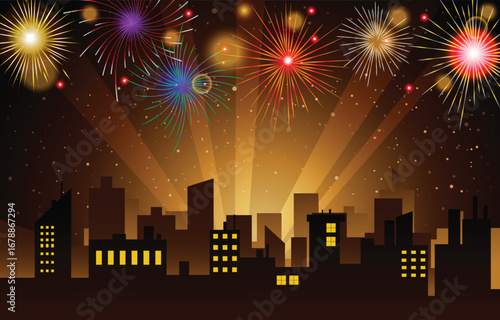 Beautiful Fireworks with City Night Background