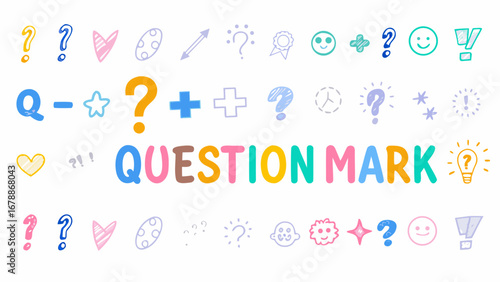 Illustration featuring colorful question marks exclamation points and other symbols on a white background