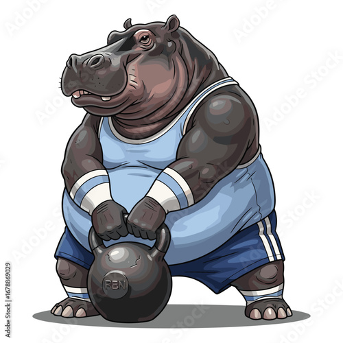 Illustration of a Muscular Hippo Lifting Kettlebell Weight Training for Fitness Concept