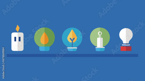 Four different colored light bulbs are shown on a blue background. The light bulbs are arranged in a row, with one of them being a candle. Concept of warmth and light, as the candles