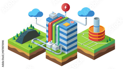 A cityscape with a power plant in the background. The power plant is surrounded by a green field and a forest. The buildings in the cityscape are tall and colorful. The sky is cloudy