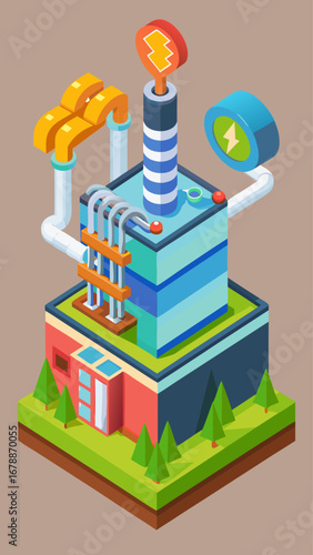 A cityscape with a power plant in the background. The power plant is surrounded by a green field and a forest. The buildings in the cityscape are tall and colorful. The sky is cloudy