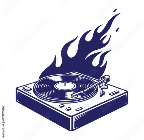 Stylized illustration of a vintage turntable with flames representing hot music vibes