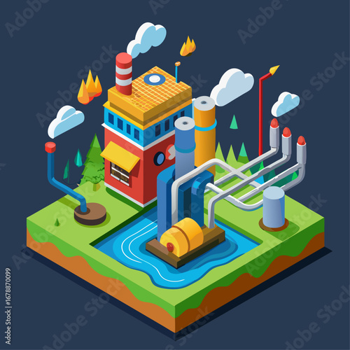 A cityscape with a power plant in the background. The power plant is surrounded by a green field and a forest. The buildings in the cityscape are tall and colorful. The sky is cloudy
