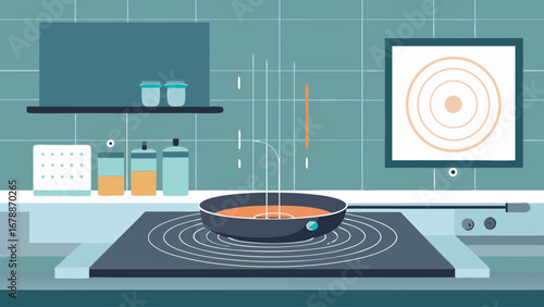 A cartoonish drawing of a kitchen with a frying pan on a stove. The pan is filled with food and has a blue circle on it. The kitchen is well-equipped with a sink, oven, and refrigerator