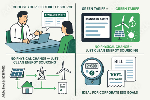 Vector illustration comparing electricity sourcing options with standard tariff and green tariff, highlighting renewable energy benefits for ESG goals.