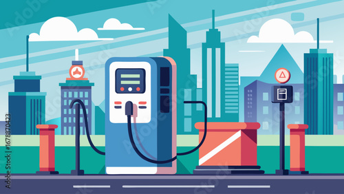 A city street with a car parked next to a charging station. The car is blue and the charging station is green