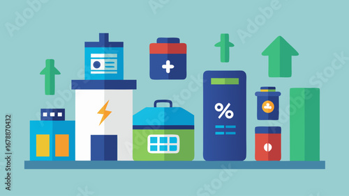 A collection of various electronic devices and batteries, including cell phones, laptops, and tablets, are shown in a blue background. Concept of technology and innovation, with the various devices