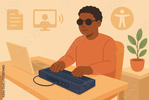 Vector illustration showing digital accessibility with blind user operating computer and braille display, highlighting inclusion and universal design.