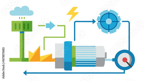 A drawing of a power plant with a red arrow pointing to a gauge. The drawing is colorful and has a sense of motion